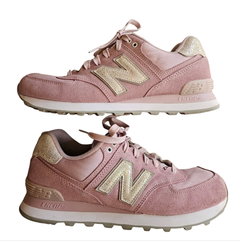 New Balance 574 pink shattered pearl sparkle walking sneakers 10 suede leather